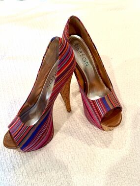 Dereon Multicolor Striped Open-Toe High Heels